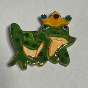 VTG Green Enamel Frog Prince Brooch Pin Crown Rhinestone-Styled Accents 2.25"x2"